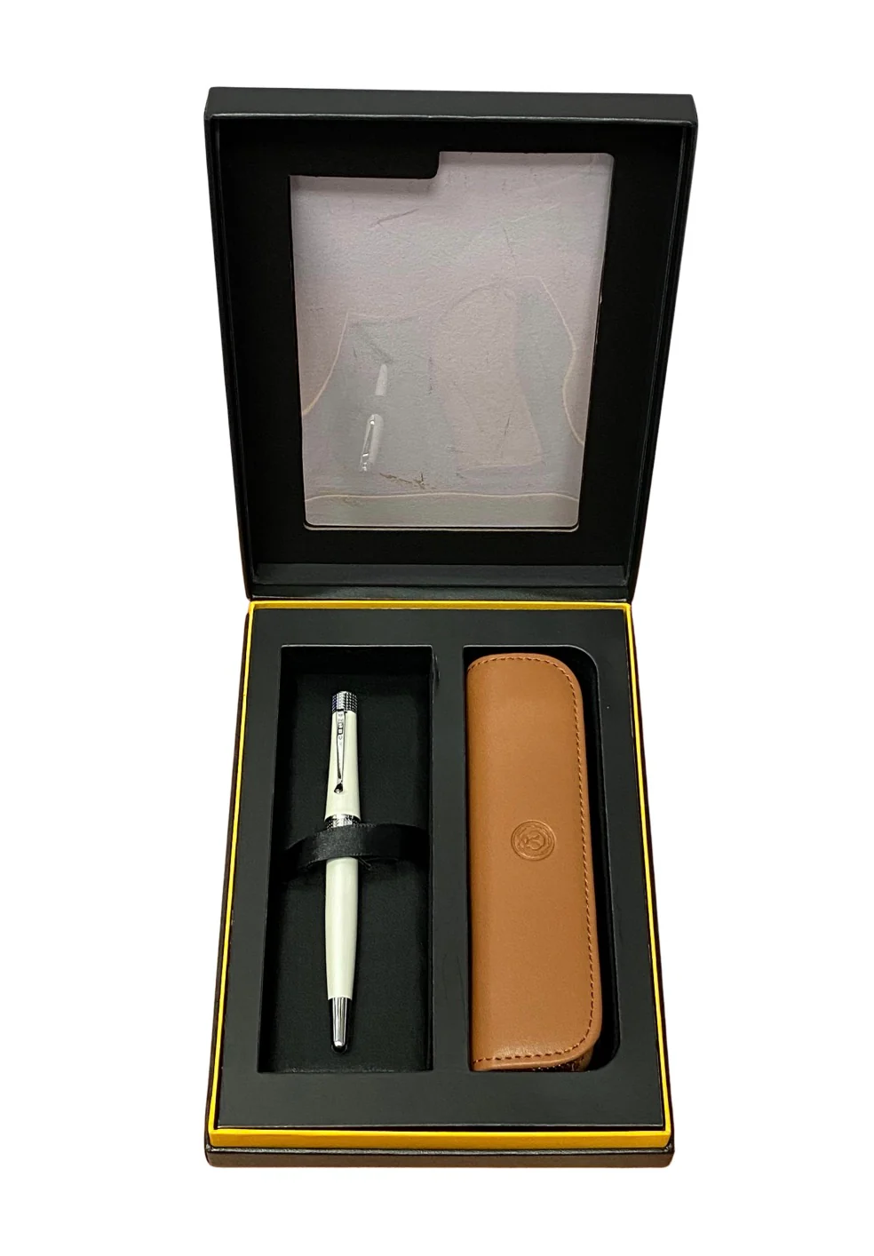 Cross Beverly Pearlescent White Lacquer Rollerball Pen with Tan Pen Pouch - Image 2