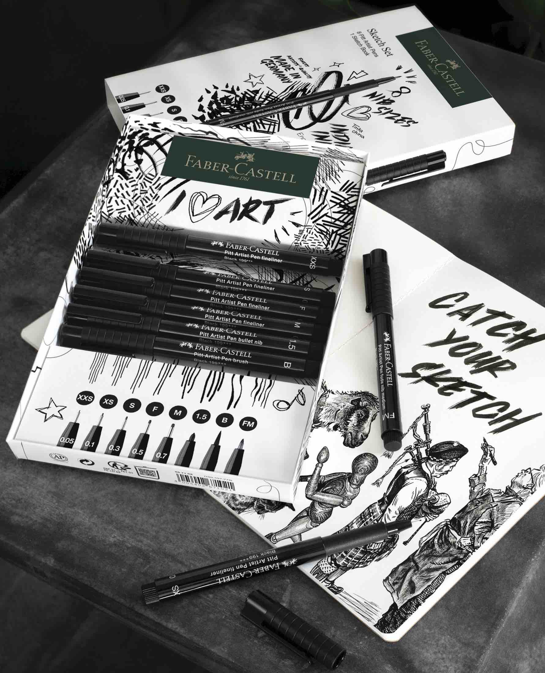 Faber Castell Sketch Set with 8 Pitt Artist Pens & Sketch Book - Image 2