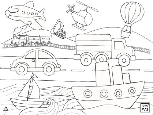Funny MAT - 12 PC WASHABLE COLORING PUZZLE SET, VEHICLES With 6 Markers - Image 2