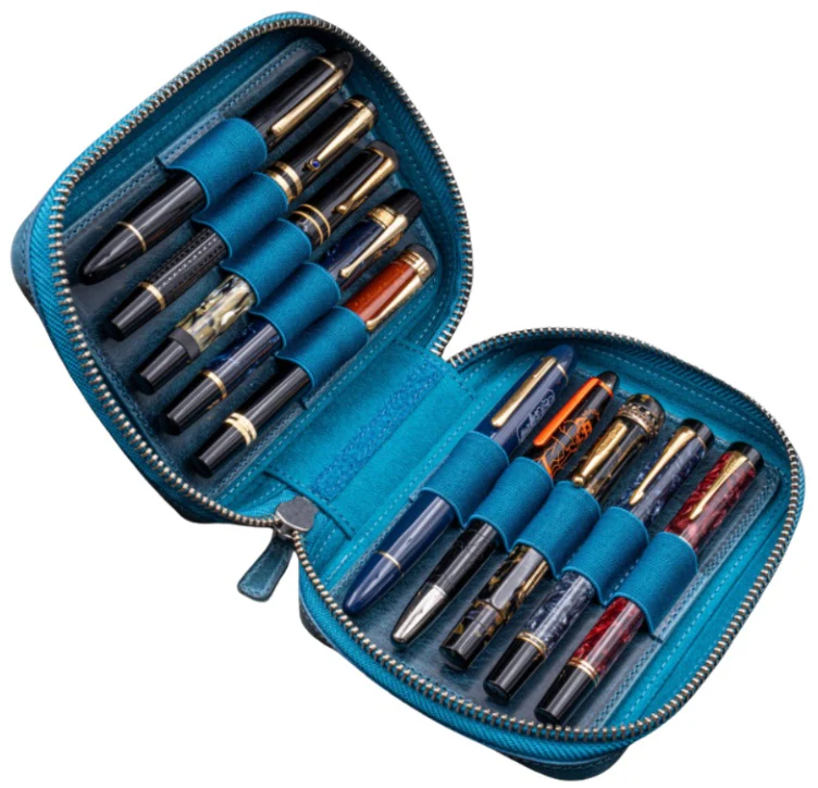 Galen Leather Expansi-Pouch Leather Wide 10 Slots Pen Case - A6 Zip Folio - Crazy Horse Ocean Blue