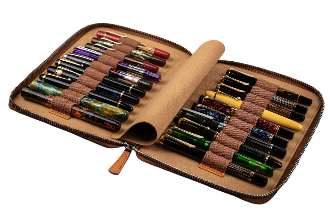 Galen Leather - Leather Zippered 20 Slot Pen Case - Crazy Horse Brown