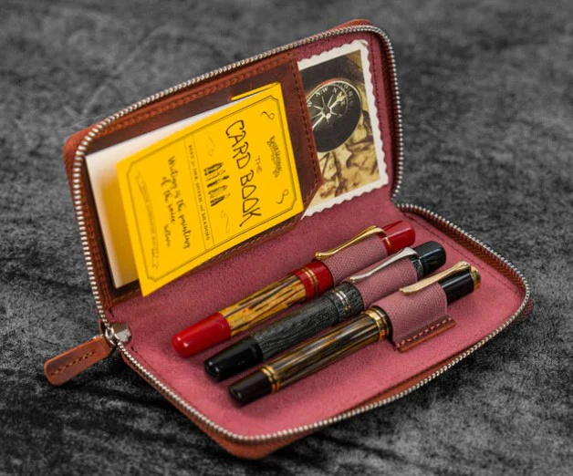 Galen Leather - Leather Zippered 3 Slot Pen Case - Crazy Horse Orange