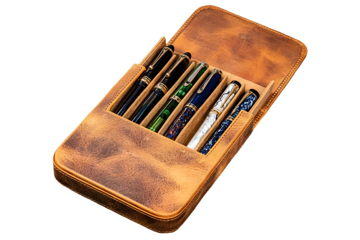 Galen Leather Magnum Opus 6 Slots Hard Pen Case with Removable Pen Tray - C.H. Brown