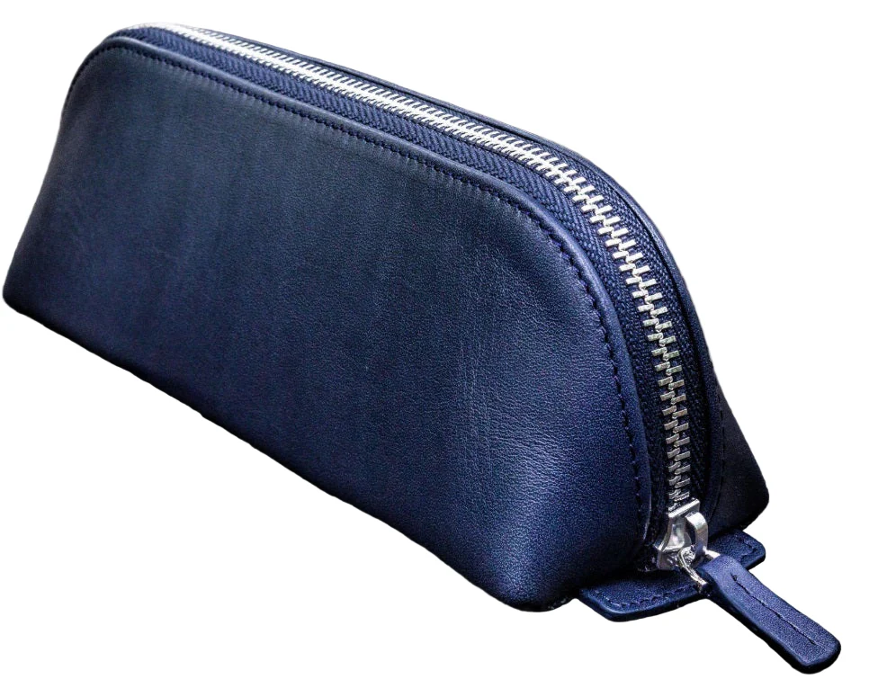 Galen Leather XLarge Zipper Leather Pencil Case - Navy Blue