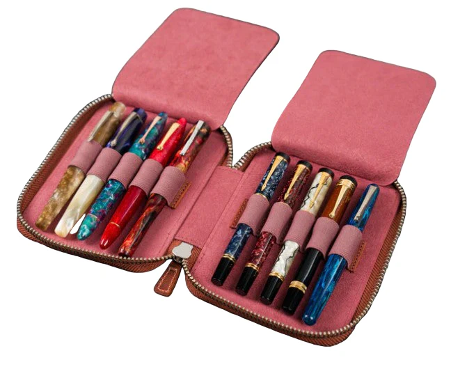 Galen Leather Zippered 10 Slot Pen Case - Crazy Horse Orange