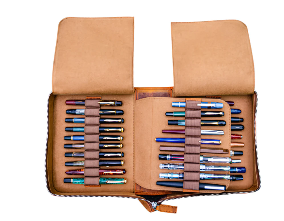 Galen Leather Zippered 40 Slots Pen Case - Crazy Horse Brown