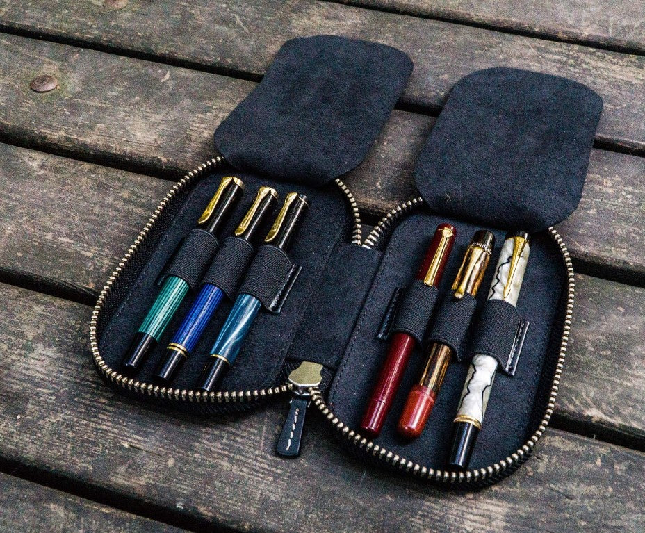 Galen Leather Zippered 6 Slots Pen Case - Black