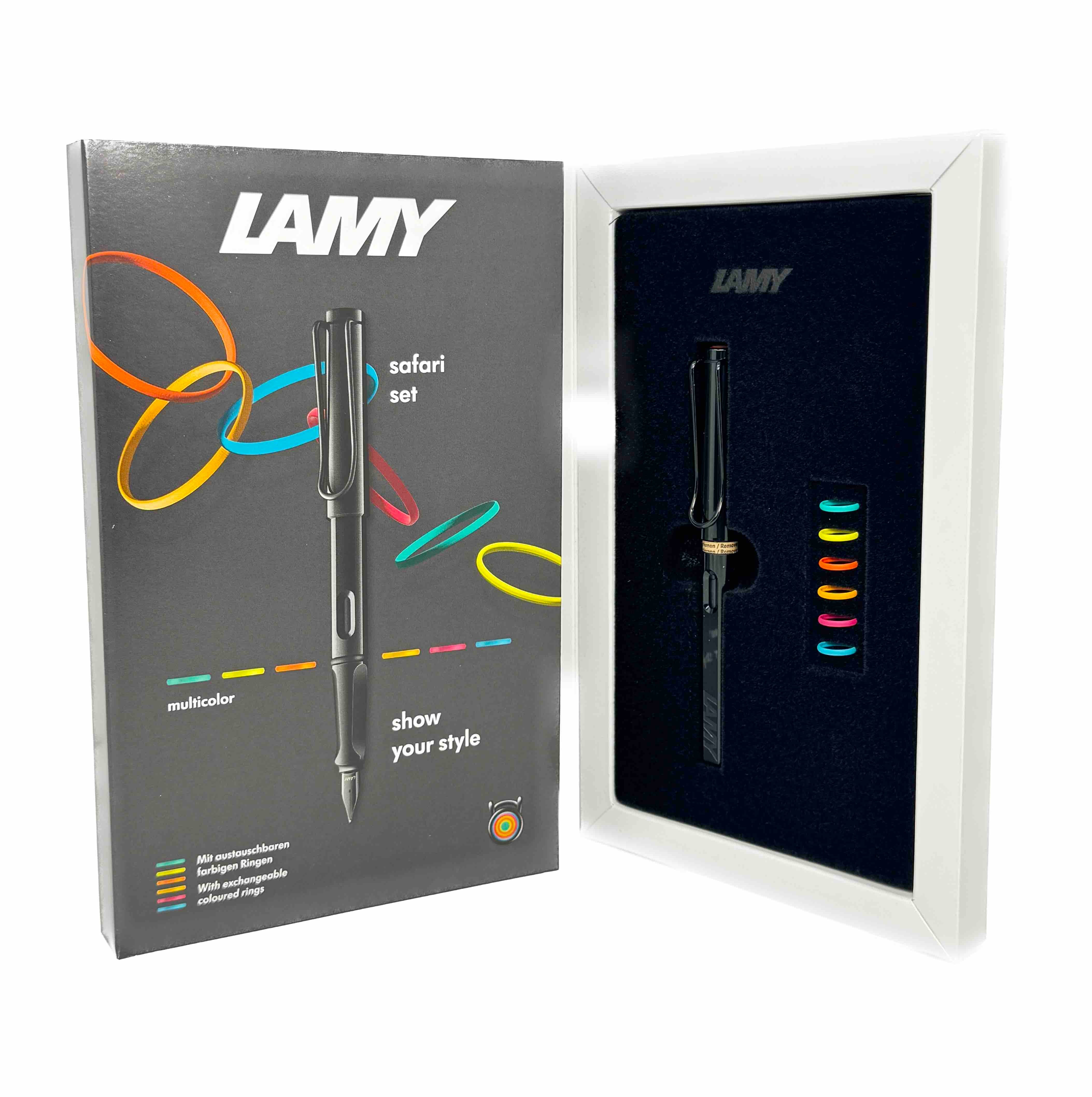 Lamy Safari All Black Glossy Fountain Pen with Six Multicolor Rings