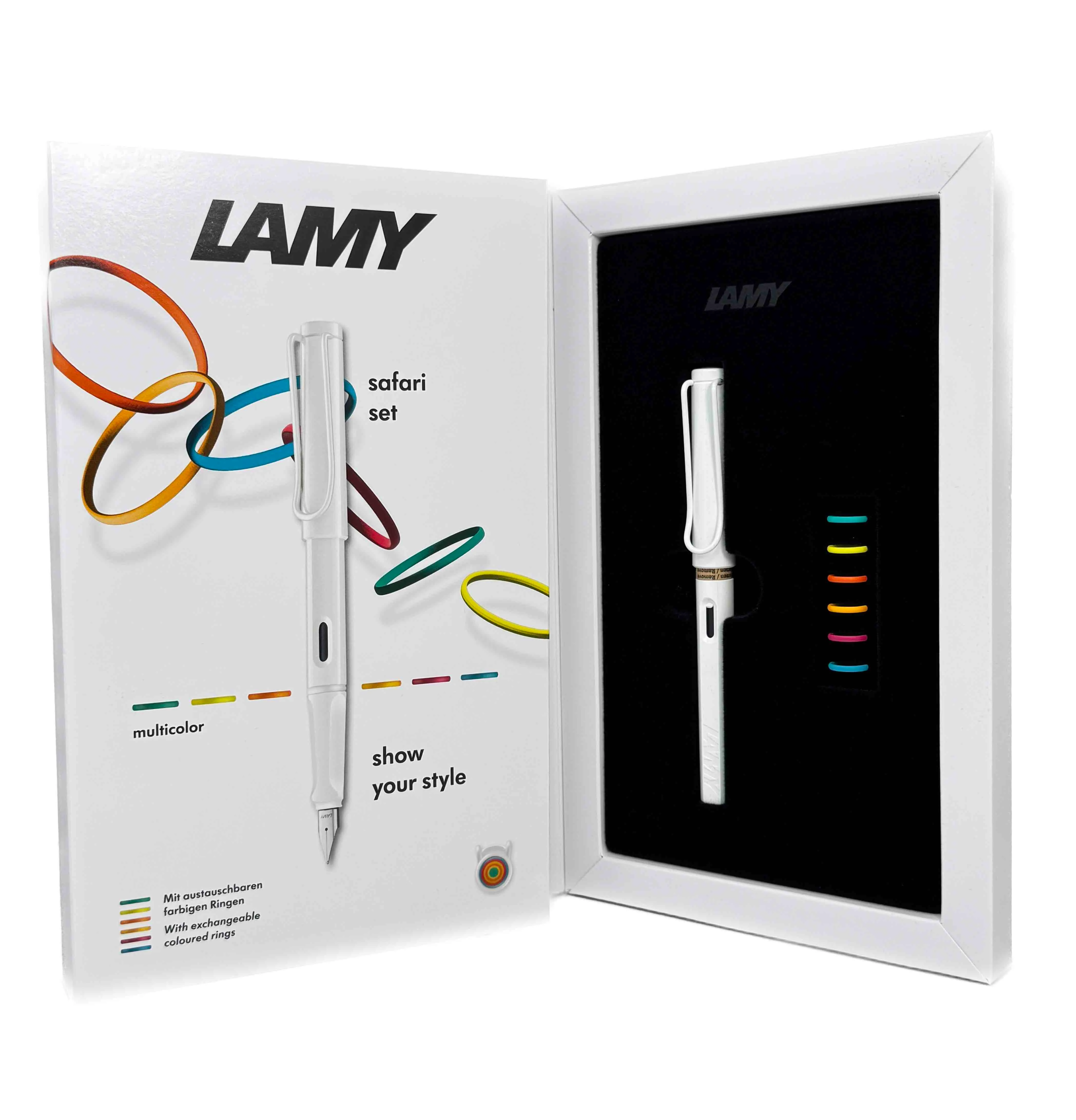 Lamy Safari All White Glossy Fountain Pen with Six Multicolor Rings