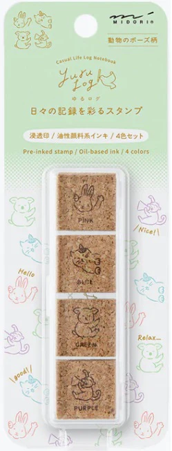 Midori Yuru Log Paintable Pre-Inked Stamp - Animal Poses (4 Colors)