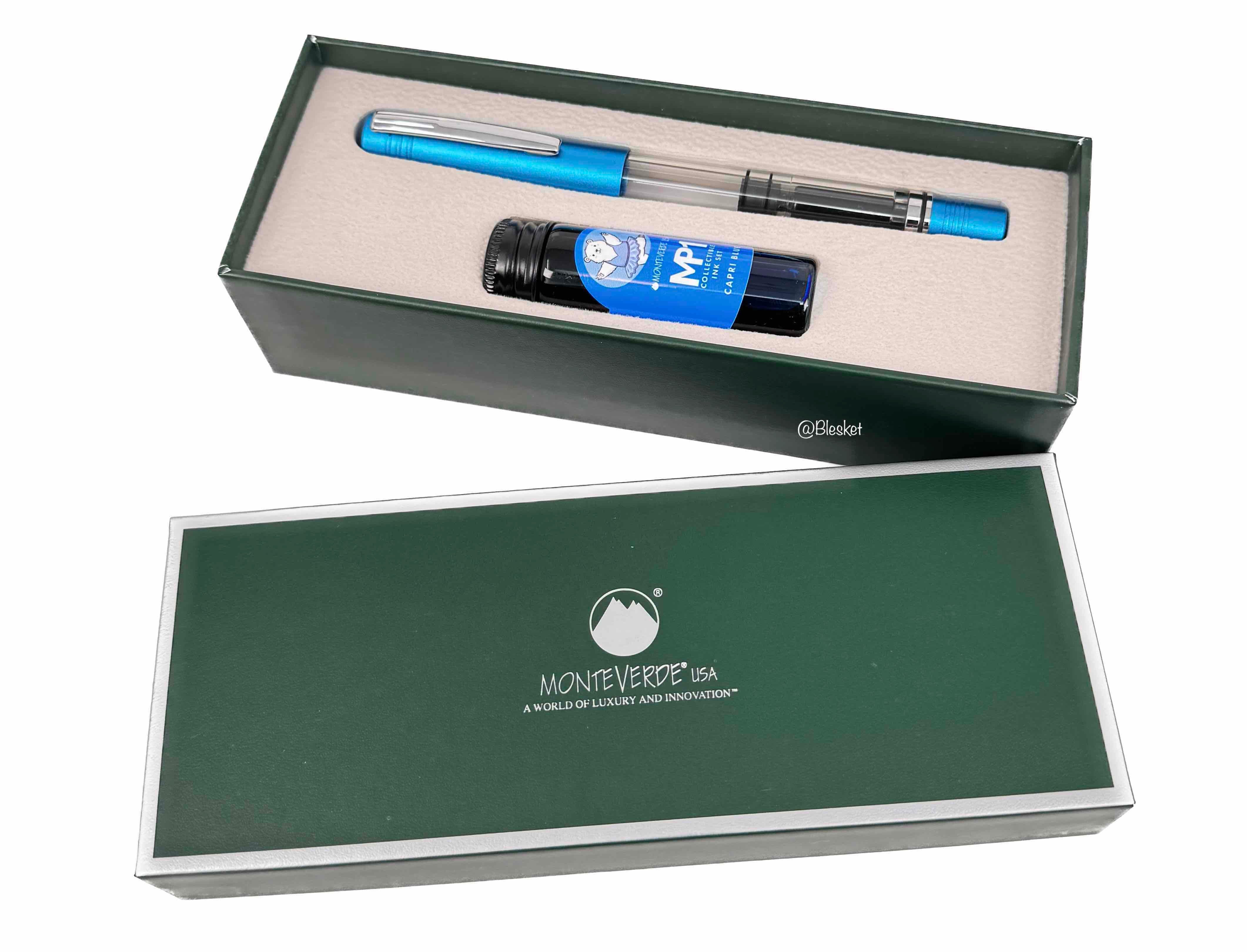 Monteverde USA MP1 Piston Bright Blue Fountain Pen + 15 ml Ink Bottle Set